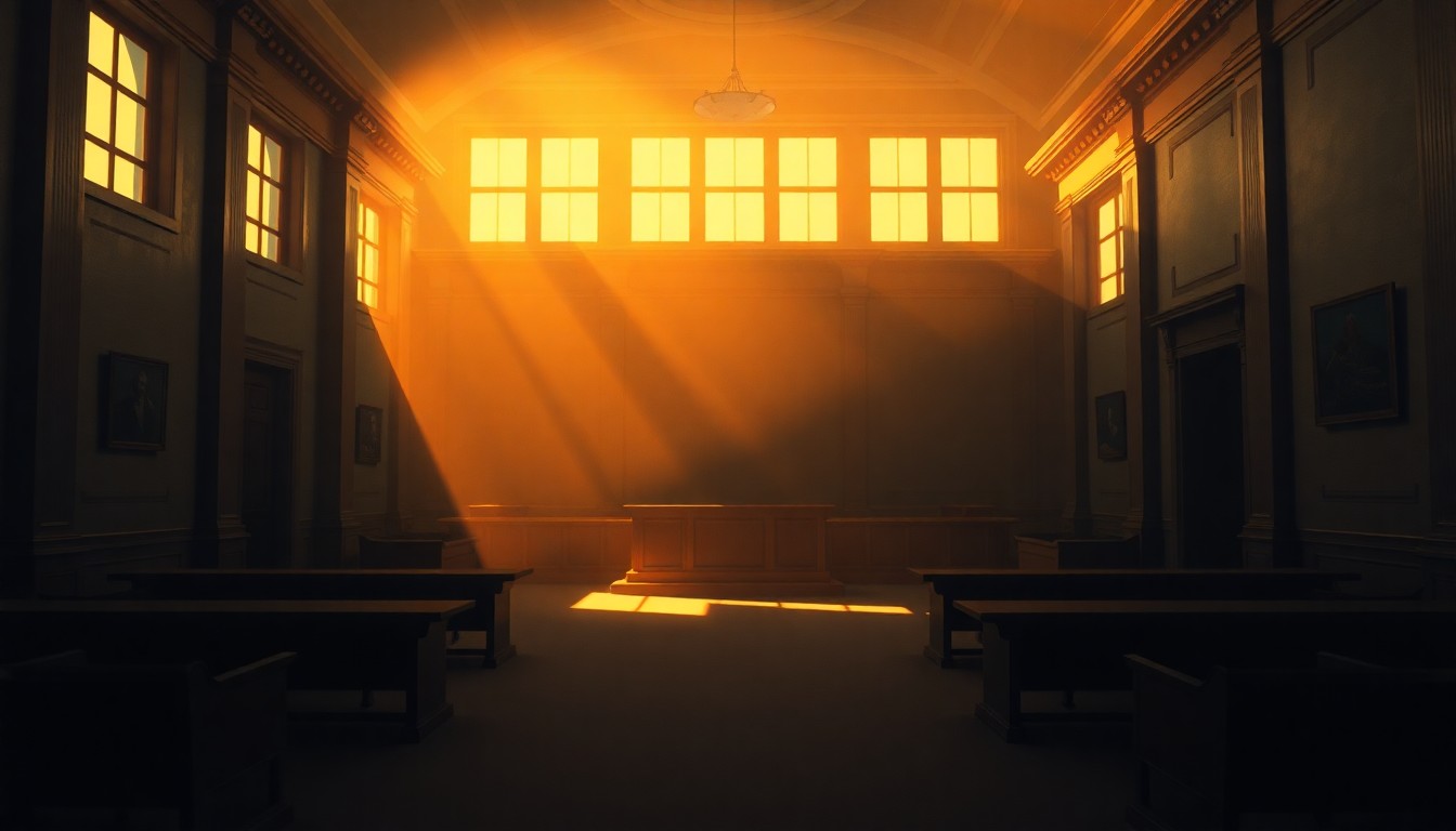 A dimly lit, cinematic painting of an empty city council chamber, with warm sunlight streaming through the windows and casting long shadows across the desks and chairs, conveying a sense of quiet contemplation and civic duty.