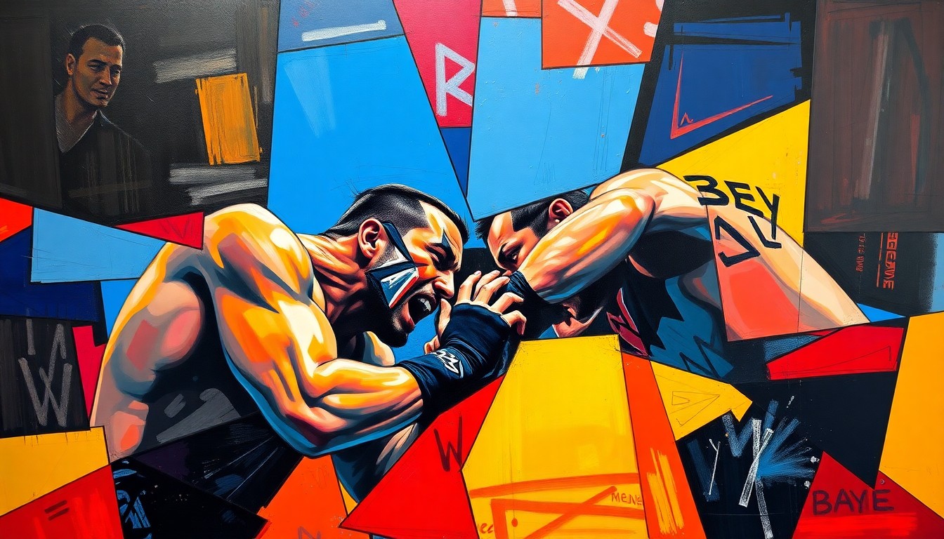 A fragmented, geometric painting in bold colors depicting the action and movement of a wrestling match, with the figures of CM Punk and Bayley emerging from the abstract shapes and planes.