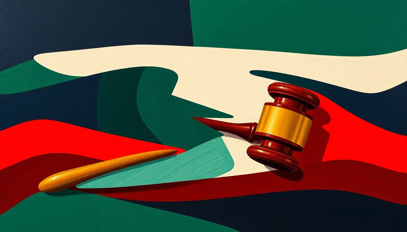 An abstract, fragmented painting of a gavel repeatedly overlapping in geometric waves of dark navy, forest green, and crimson red, conceptually representing the fractured, high-speed nature of the Kentucky legislature's death penalty reforms.