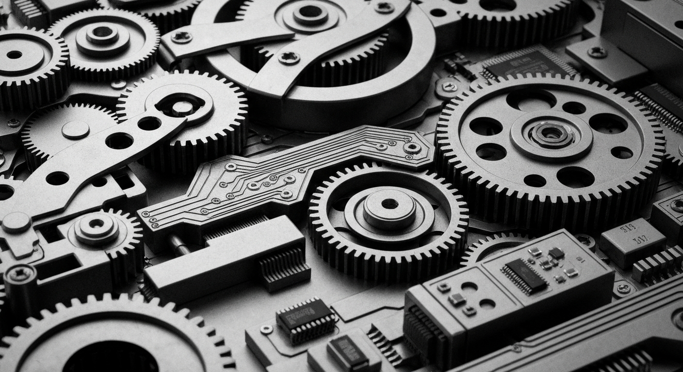 An extreme close-up photograph of complex financial machinery and circuits in shades of steel grey, copper, and black, conceptually representing the complex infrastructure and mechanics of the banking and finance industry.