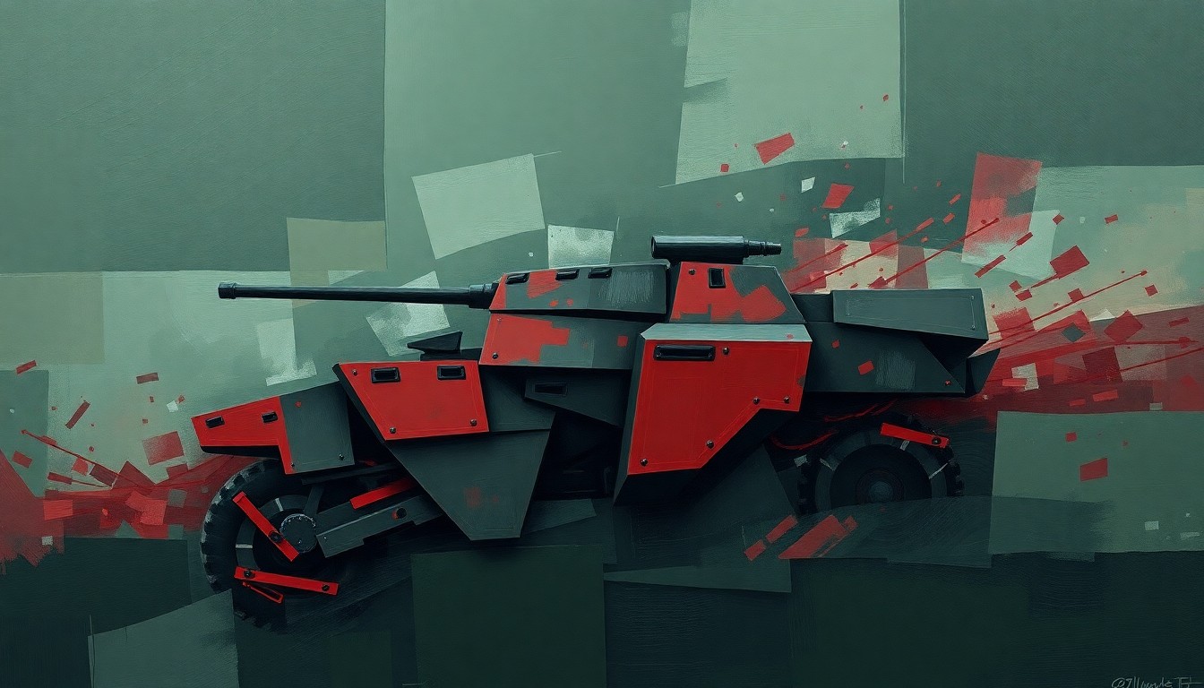 A vibrant, abstract painting depicting the fragmented, overlapping forms of a military vehicle or weapon, conveying a sense of motion and urgency through the use of bold, geometric shapes and colors.