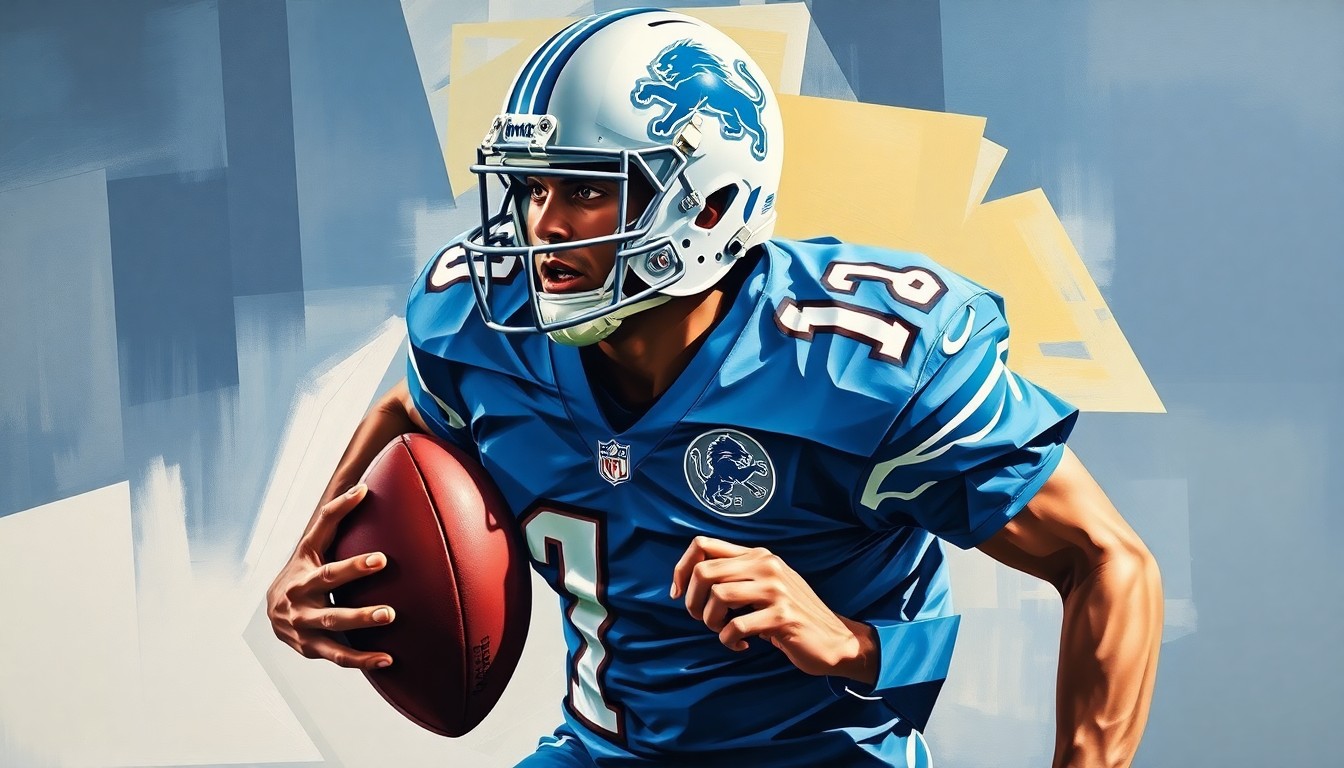 A fractured, multi-perspective painting depicting a football player in action, with their jersey featuring the Detroit Lions logo. The player's form is broken down into sharp, overlapping geometric planes, creating a cubist visual style.