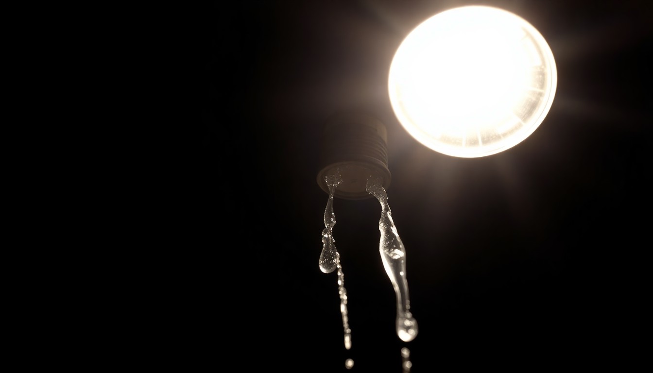An extreme close-up photograph of a leaking fire sprinkler head against a pitch-black background, lit by a harsh camera flash, conceptually illustrating the defective fire suppression system at the center of this news story.