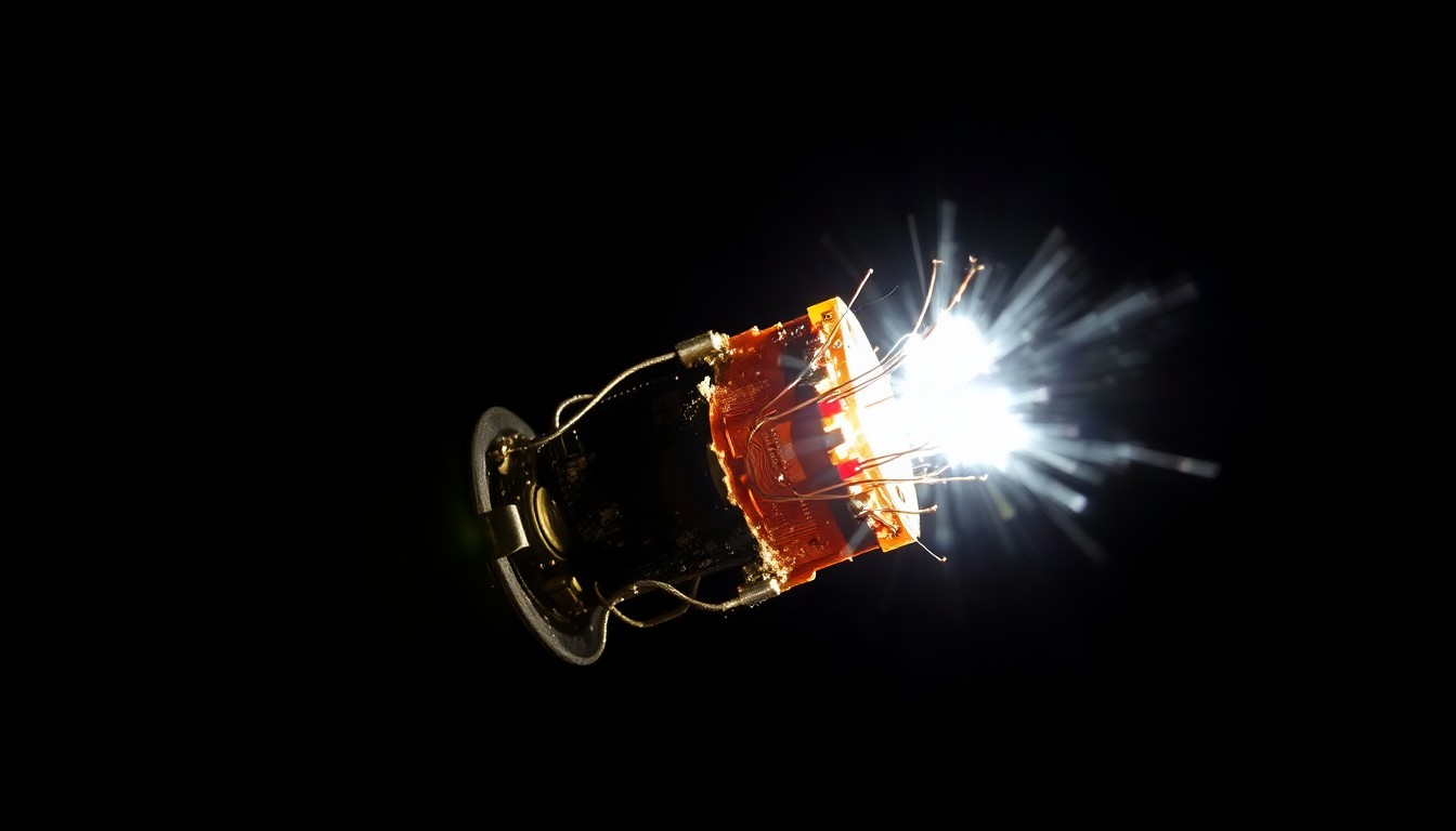 An extreme close-up photograph of a partially damaged explosive device component, such as a circuit board or wiring, lit by a harsh, direct camera flash against a pitch-black background, conceptually illustrating the investigation into the Piero's restaurant bombing.