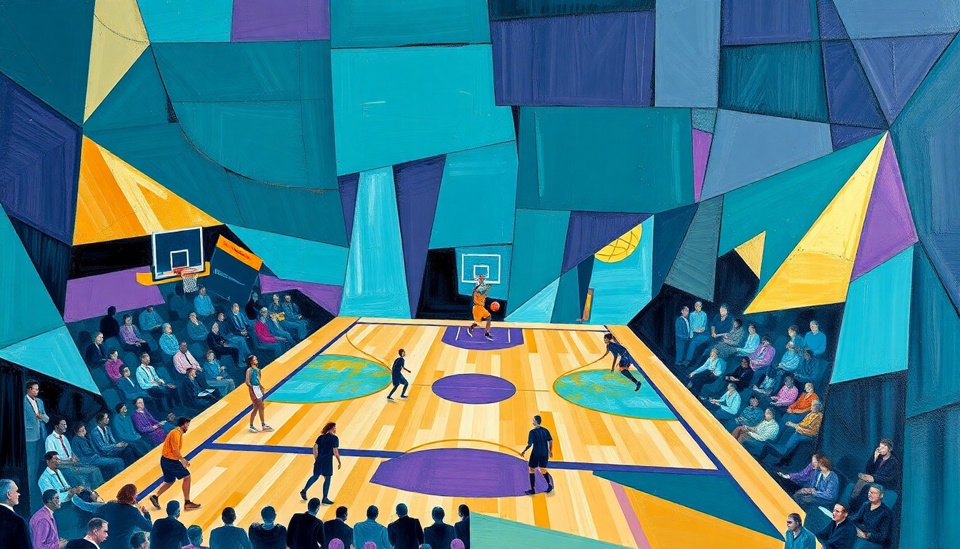 A cubist-style painting featuring fragmented, overlapping geometric shapes in teal, purple, and gold, capturing the dynamic action and energy of a basketball game.