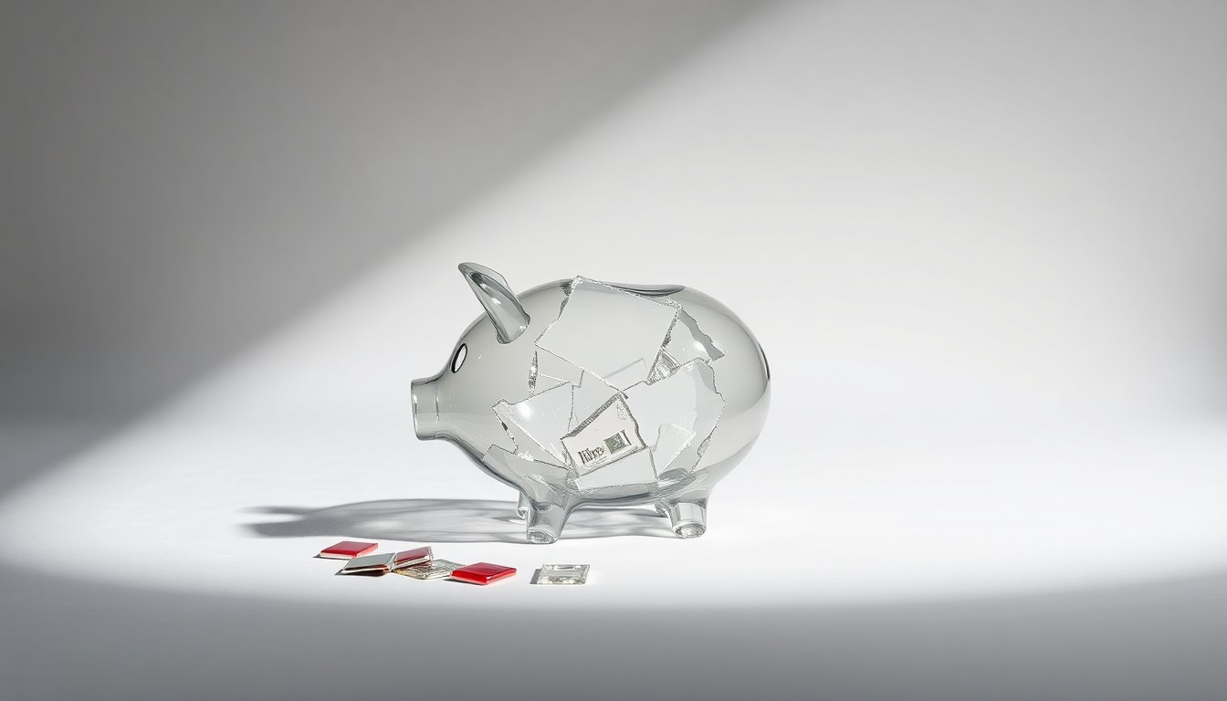 A high-end, photorealistic studio still-life photograph featuring a shattered glass piggy bank on a clean, monochromatic background, conceptually representing the financial losses of Pinterest investors.