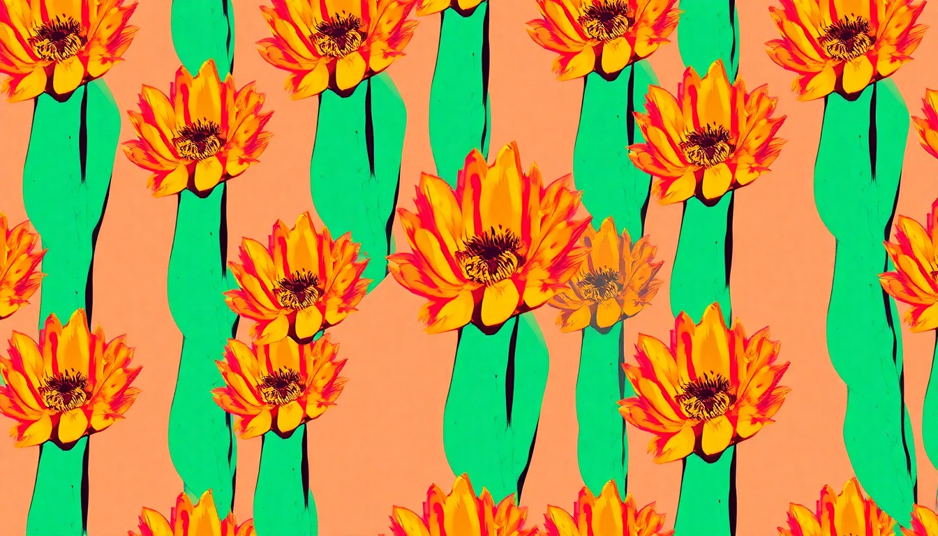 A bold, abstract silkscreen illustration featuring a repeated pattern of a neon pink cactus blossom against a bright turquoise background, conceptually representing the artistic energy and community spirit of the Midland Art Crawl.