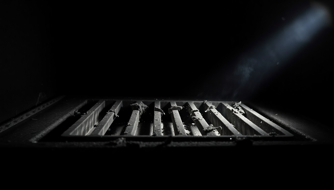 An extreme close-up photograph of a shattered cast-iron stove grate, capturing the textured surface and dramatic shadows created by the harsh flash lighting, conceptually illustrating the violent nature of the crime.