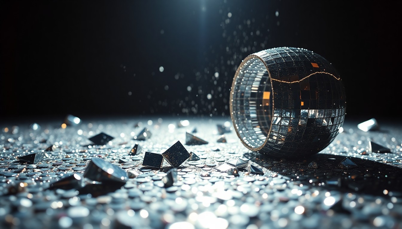 An abstract close-up image featuring a dramatic, high-contrast texture of glittering sequins and shattered glass, evoking the glamour and nostalgia of 2000s pop culture.