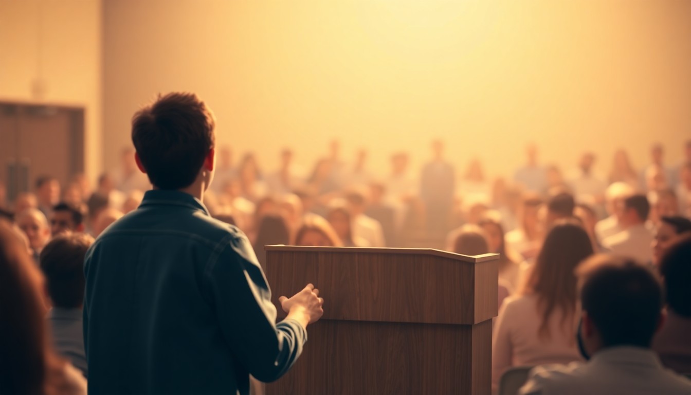 An abstracted, out-of-focus photograph in warm, muted tones depicting a high school student standing at a podium, surrounded by blurred figures representing an audience, conveying a sense of pride and accomplishment.