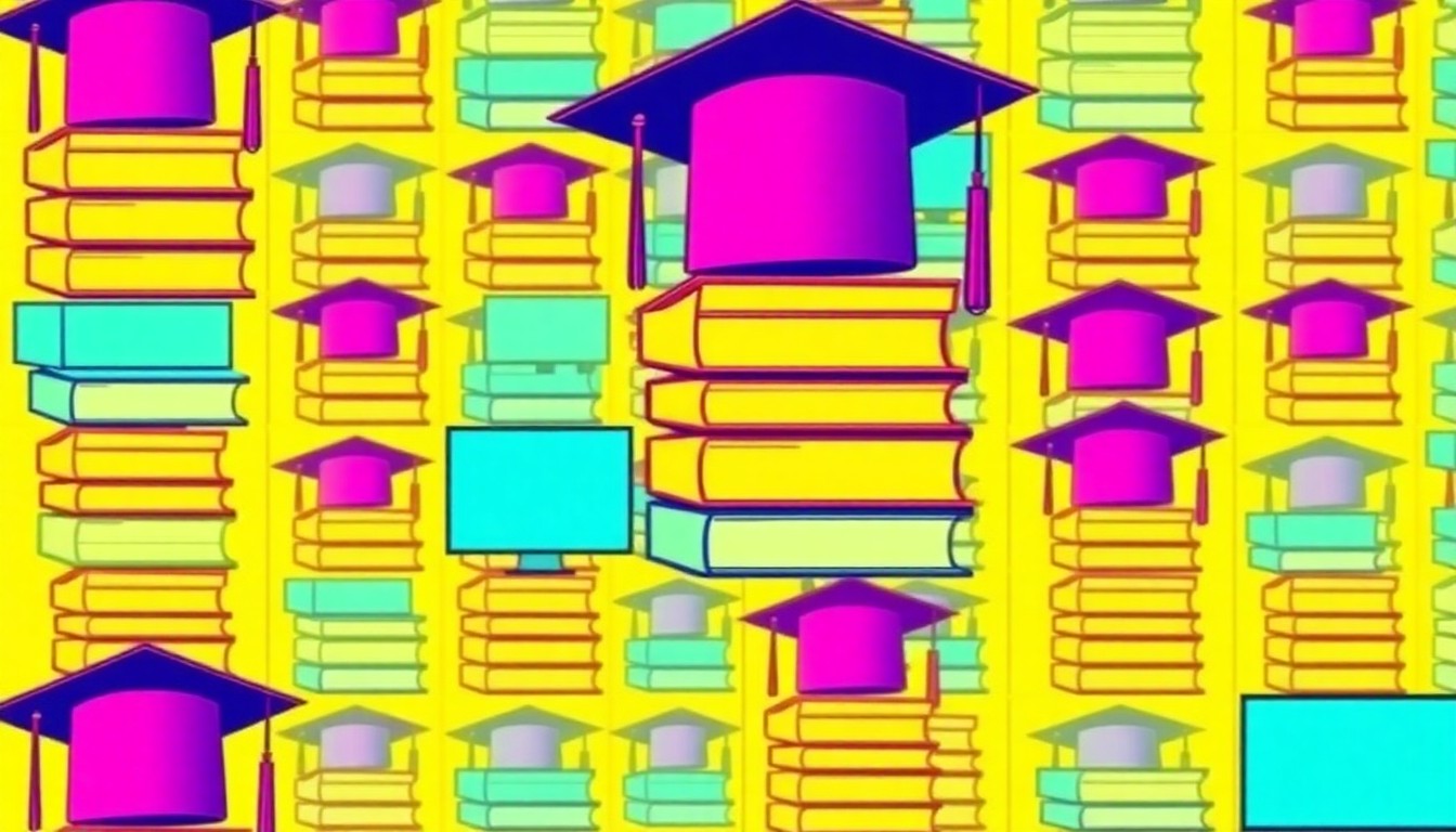 A highly stylized, pop art-inspired illustration featuring repeating icons of books, a graduation cap, and a computer monitor in a vibrant neon color palette, conveying the district's emphasis on education, career preparation, and technology.