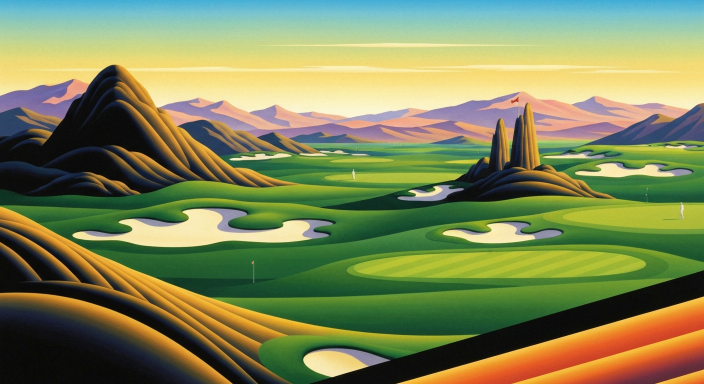 A highly stylized, geometric illustration featuring sweeping, smooth gradients in shades of green, blue, and gold, conveying the grand scale and romance of golf travel without any literal depictions.