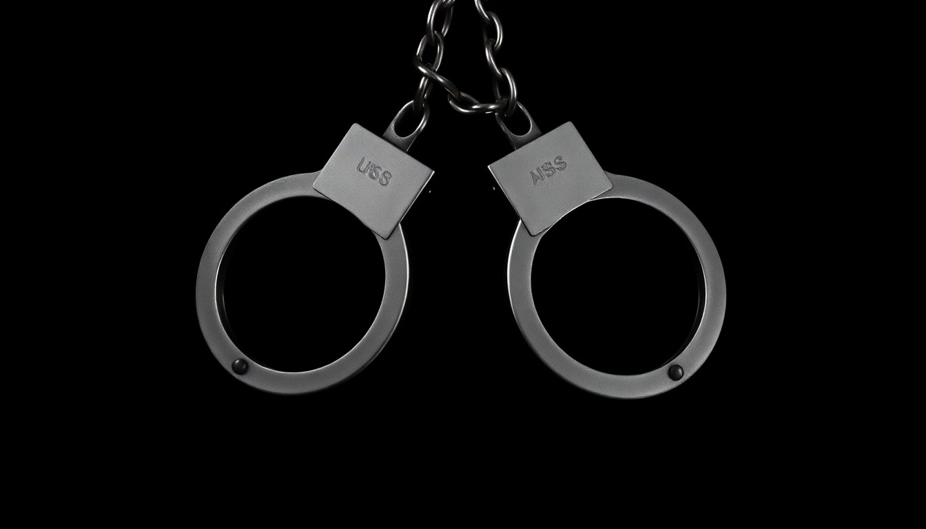 An extreme close-up photograph of a pair of metal handcuffs against a pitch-black background, lit by a harsh, direct camera flash, creating a stark, gritty, investigative aesthetic.