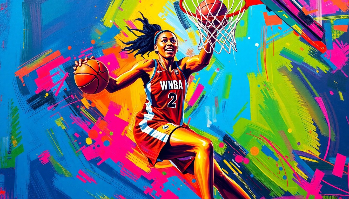 An abstract, expressionist painting in neon colors depicting the dynamic movement and energy of a basketball player driving to the hoop, representing the rising prominence of the WNBA.