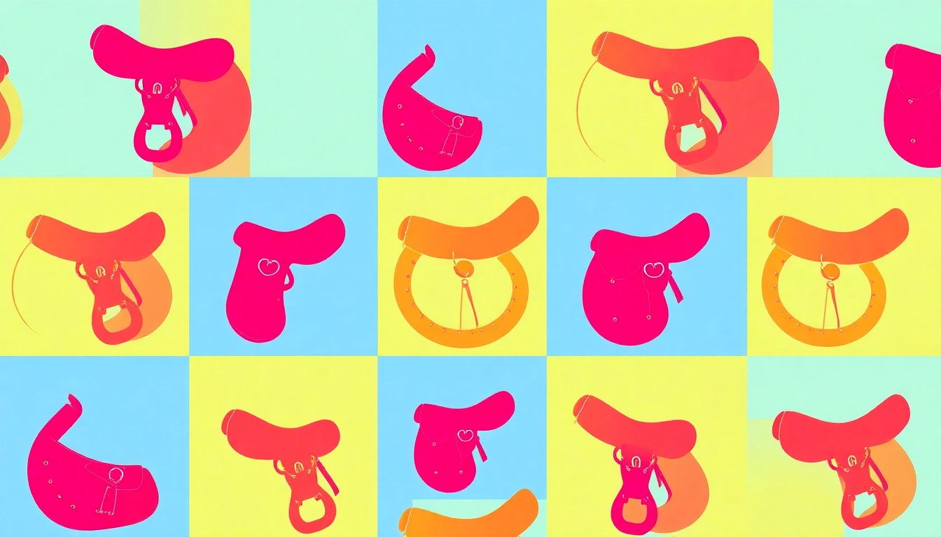 A high-contrast silkscreen print of a single, iconic equestrian item such as a saddle or horseshoe, repeated in a tight grid pattern with flat, vibrant neon colors and heavy black outlines, conceptually representing the equestrian lifestyle that was central to James Barga's life.