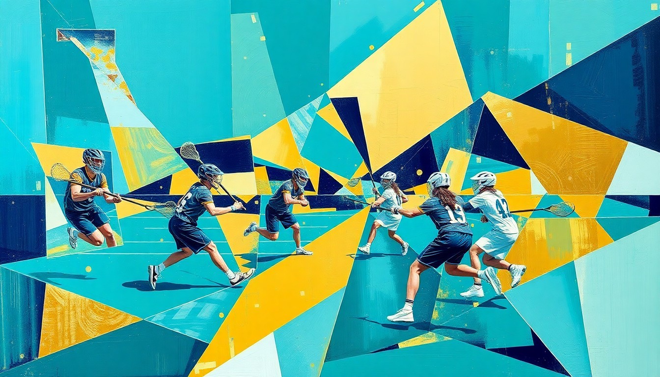 A fragmented, geometric painting in shades of teal, navy, and gold, depicting the overlapping movements and perspectives of a lacrosse game in an abstract, cubist style.
