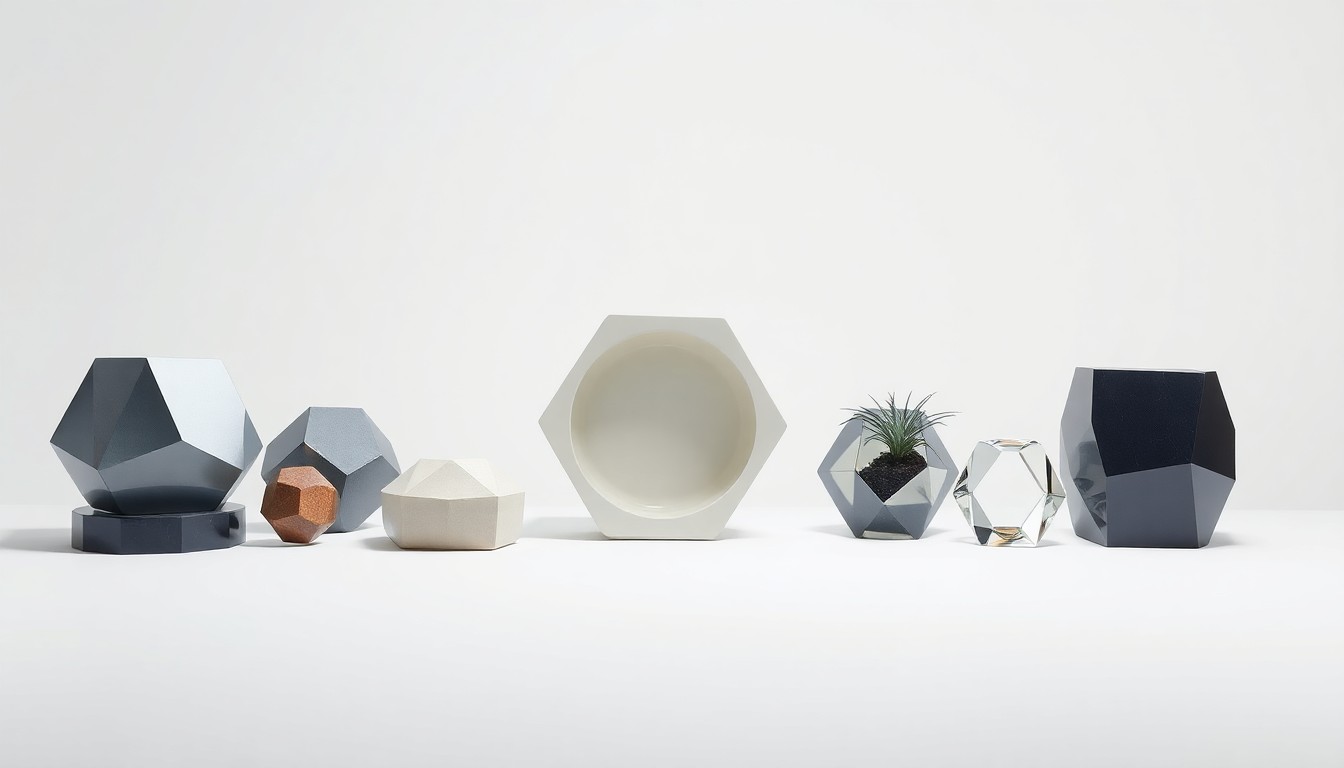 A minimalist, photorealistic studio still life featuring a collection of polished, geometric objects arranged elegantly on a clean, monochromatic background, conceptually representing the planned revitalization of the Indian River Mall.