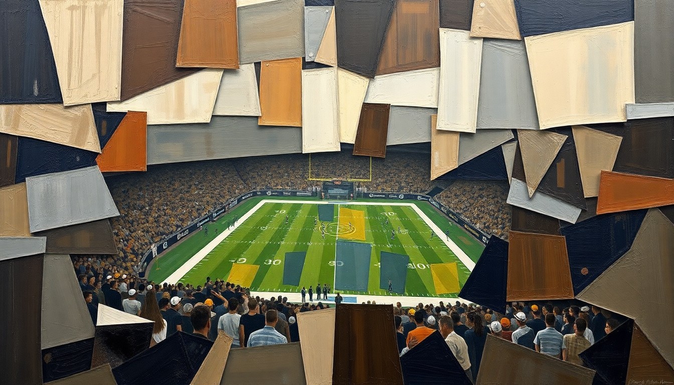 A cubist, geometric painting depicting an American football game broken down into sharp, overlapping planes of deep browns, grays, and navy blues, conveying the complexity and fragmentation of the officiating process.
