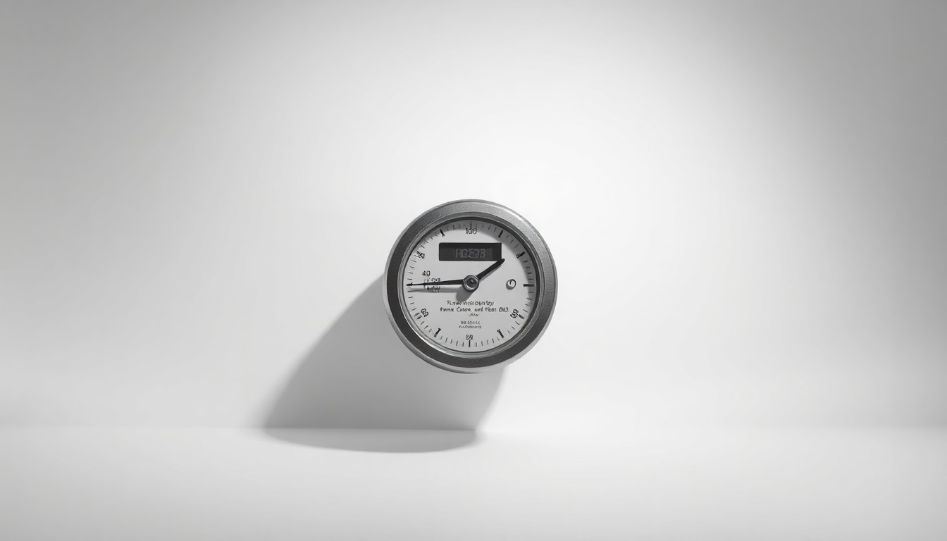 A photorealistic studio still-life image of a polished metal power meter floating on a clean, white background, using dramatic lighting and shadows to represent the abstract concept of utility regulation and public health policy.