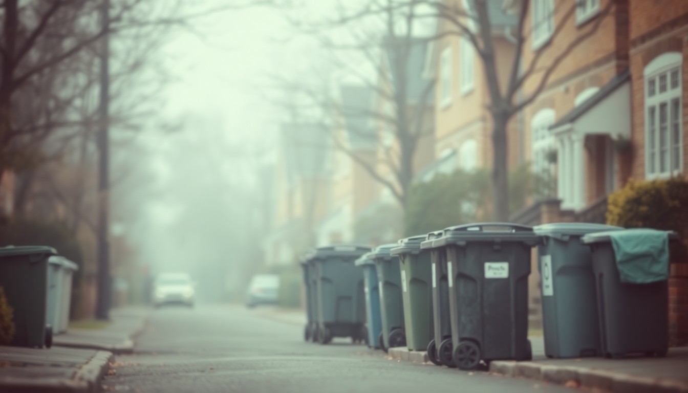An extremely abstracted, out-of-focus photograph in soft pools of warm color and light, depicting a residential street with trash cans and recycling bins lining the curb, conceptually representing the everyday routines of household waste management.