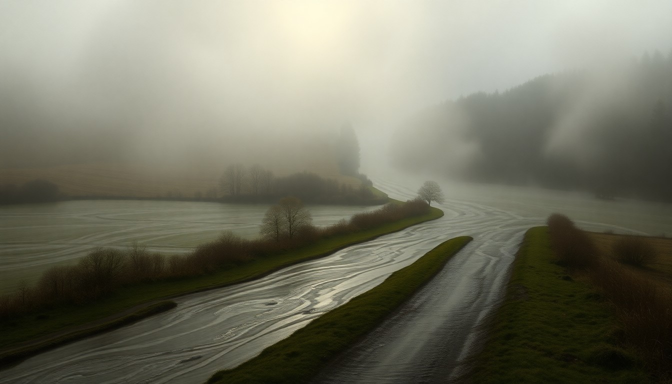 A sweeping, atmospheric landscape painting depicting a flooded rural road winding through a misty, natural setting, conveying the overwhelming power of nature and the fragility of human infrastructure.