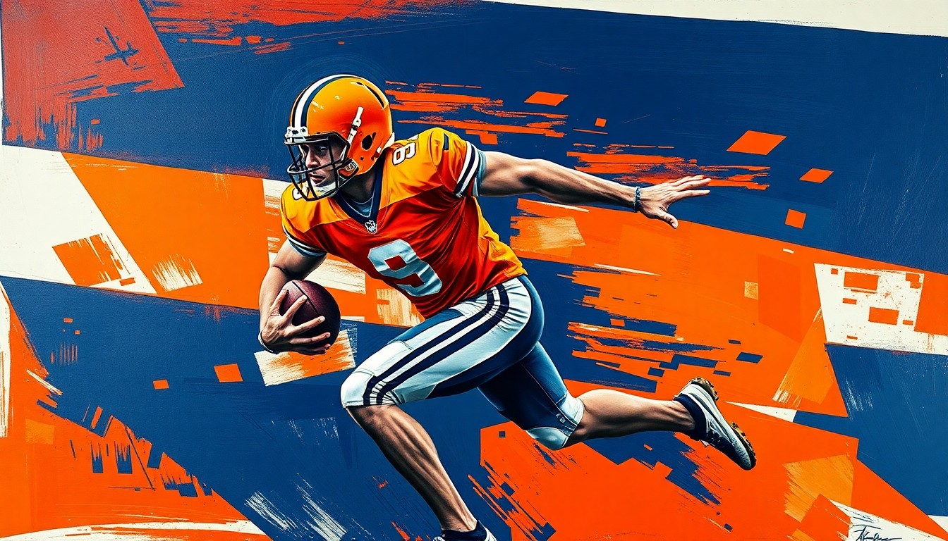 A fractured, geometric painting depicting a football player in motion, with sharp planes of burnt orange and navy blue overlapping to create a dynamic, multi-perspective view of the action.