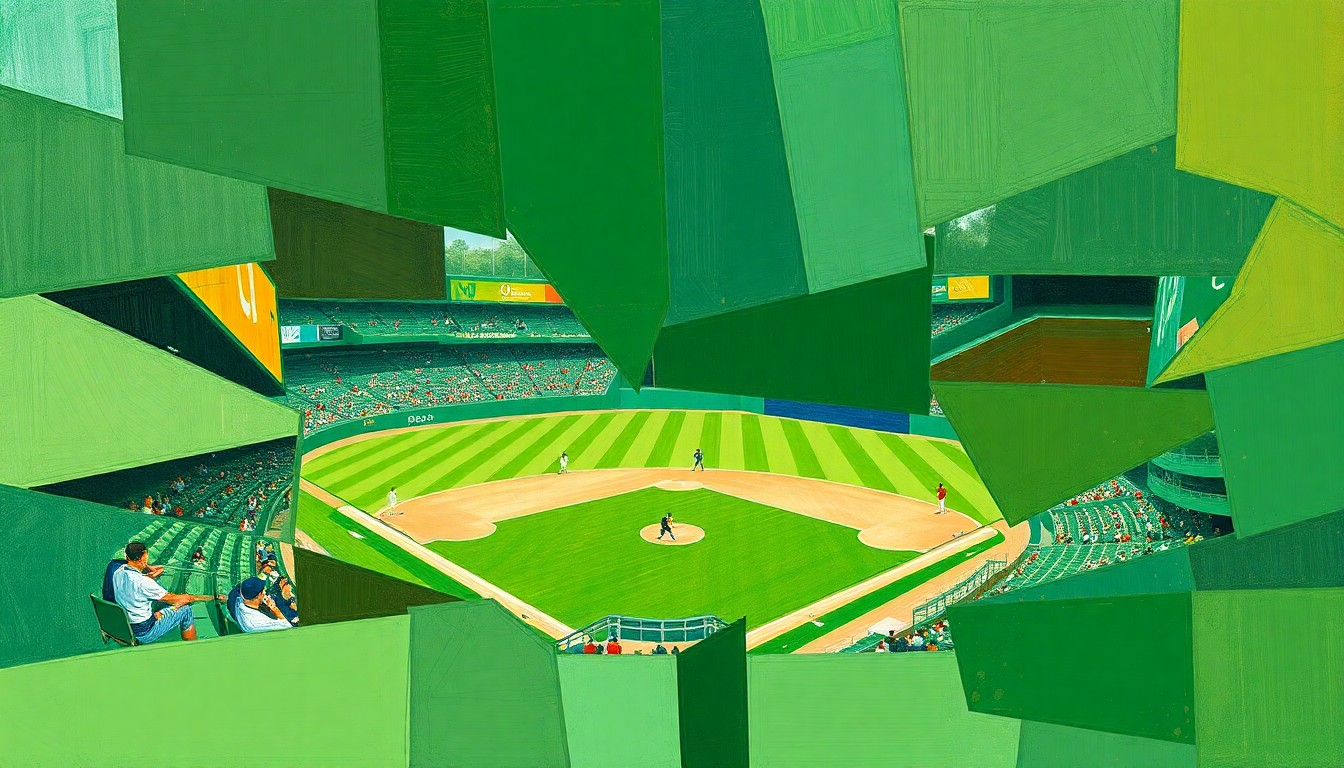 A fractured, geometric painting in shades of green, brown, and blue, depicting the chaotic moments of a baseball game where two players were struck by pitches, the action broken down into sharp, overlapping planes.