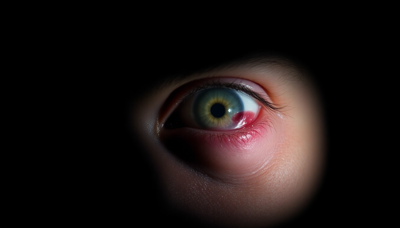 An extreme close-up photograph of a detainee's bruised and swollen eye, lit by a harsh, direct camera flash against a pitch-black background, conceptually illustrating the alleged abuse of migrants held at the 'Alligator Alcatraz' detention center.