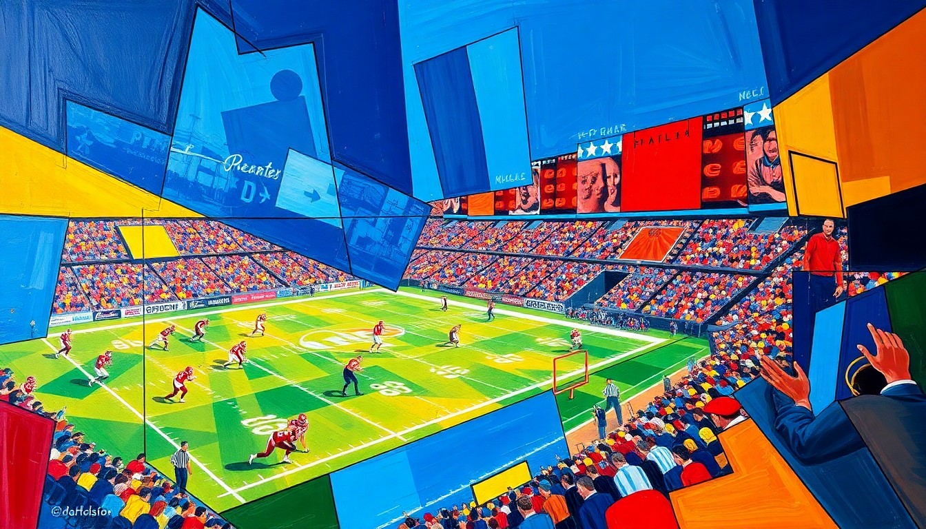 A cubist-style painting depicting fragmented and overlapping geometric shapes in shades of blue, red, and yellow, representing the complex and unpredictable nature of the upcoming NFL draft for the Denver Broncos.