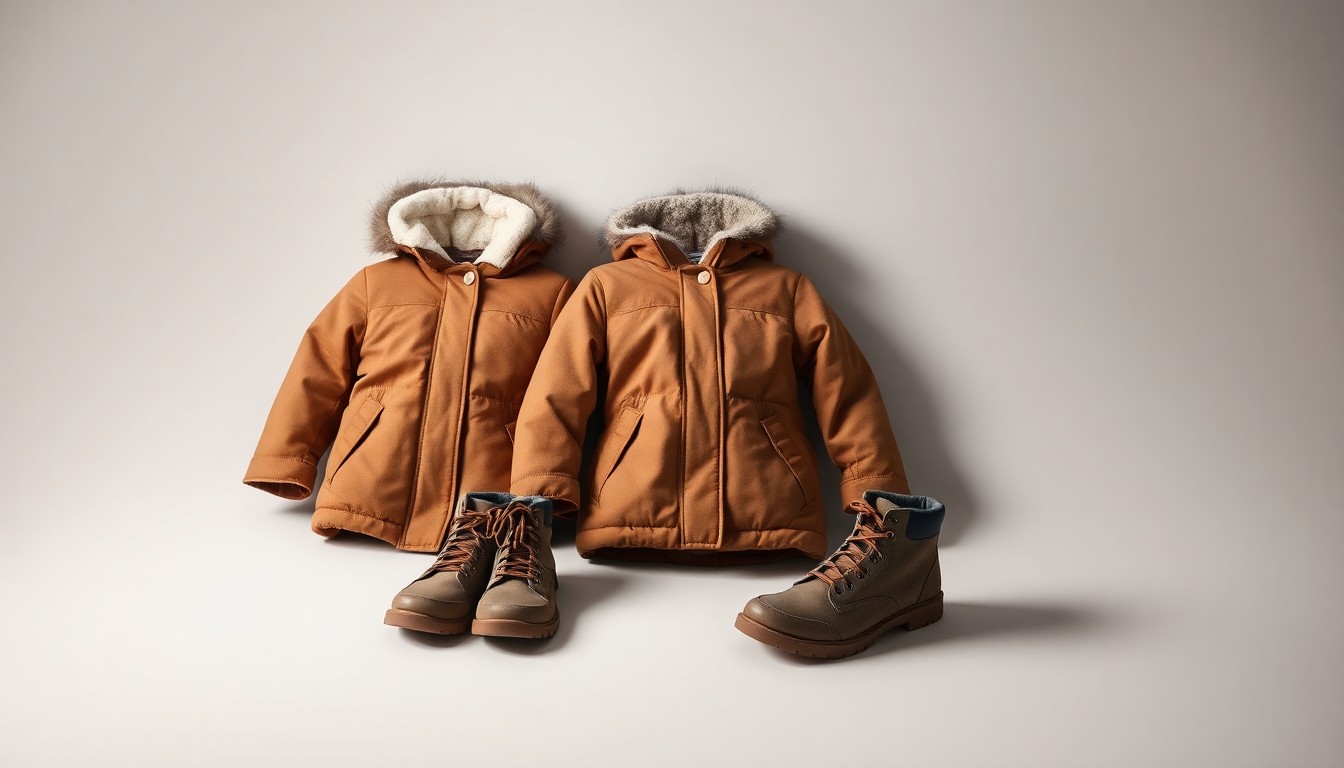 A high-end, photorealistic studio still-life photograph featuring a pair of brand-new children's winter coats in warm, earthy tones and a pair of sturdy, well-made shoes, arranged elegantly on a clean, monochromatic seamless background. The objects represent the tangible impact of Mountain America's donations to Operation Warm, conveying a sense of quality, care, and community support.