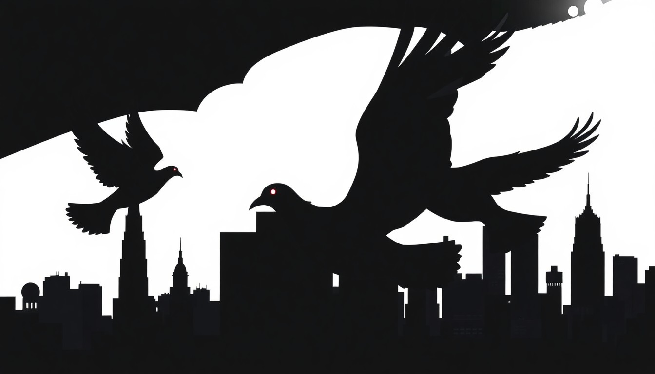 A minimalist, abstract illustration featuring two stark black pigeon silhouettes flying through a geometric cityscape of jagged red and white shapes, capturing the calming, unconventional nature of the Pigeon: A Love Story game.