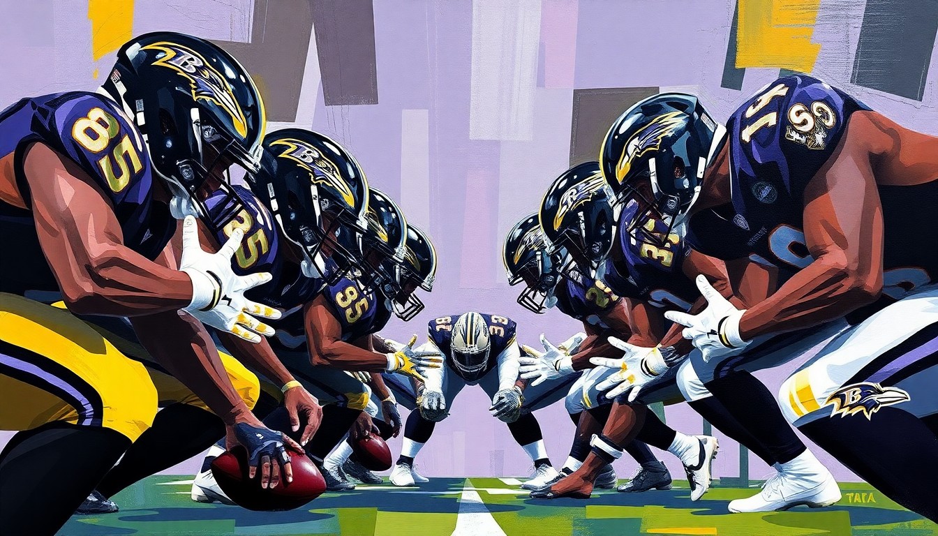 A cubist-style painting featuring fragmented geometric shapes in the Ravens' team colors, conceptually representing the offensive line and its role in protecting the quarterback.