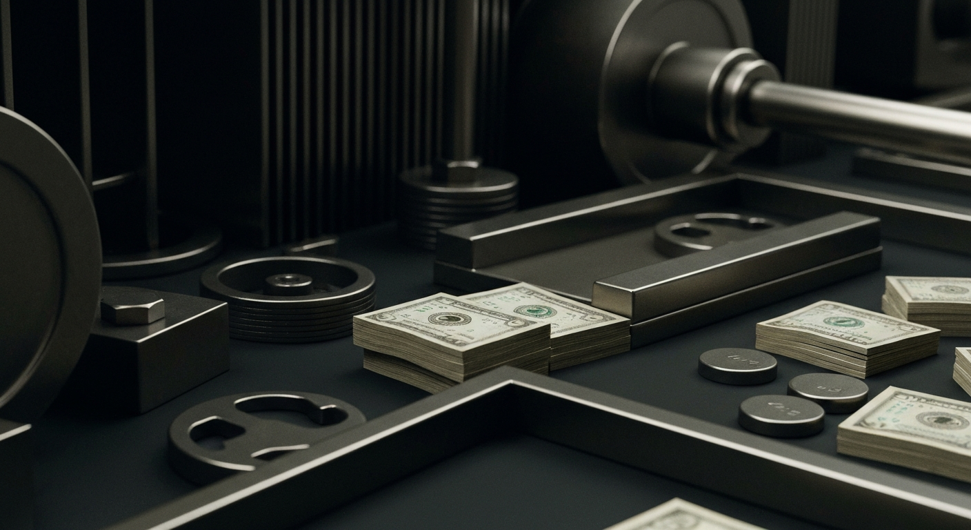 An extreme close-up of intricate, industrial-scale banking machinery and equipment, conveying a sense of financial security and institutional power without depicting any literal currency or financial symbols.