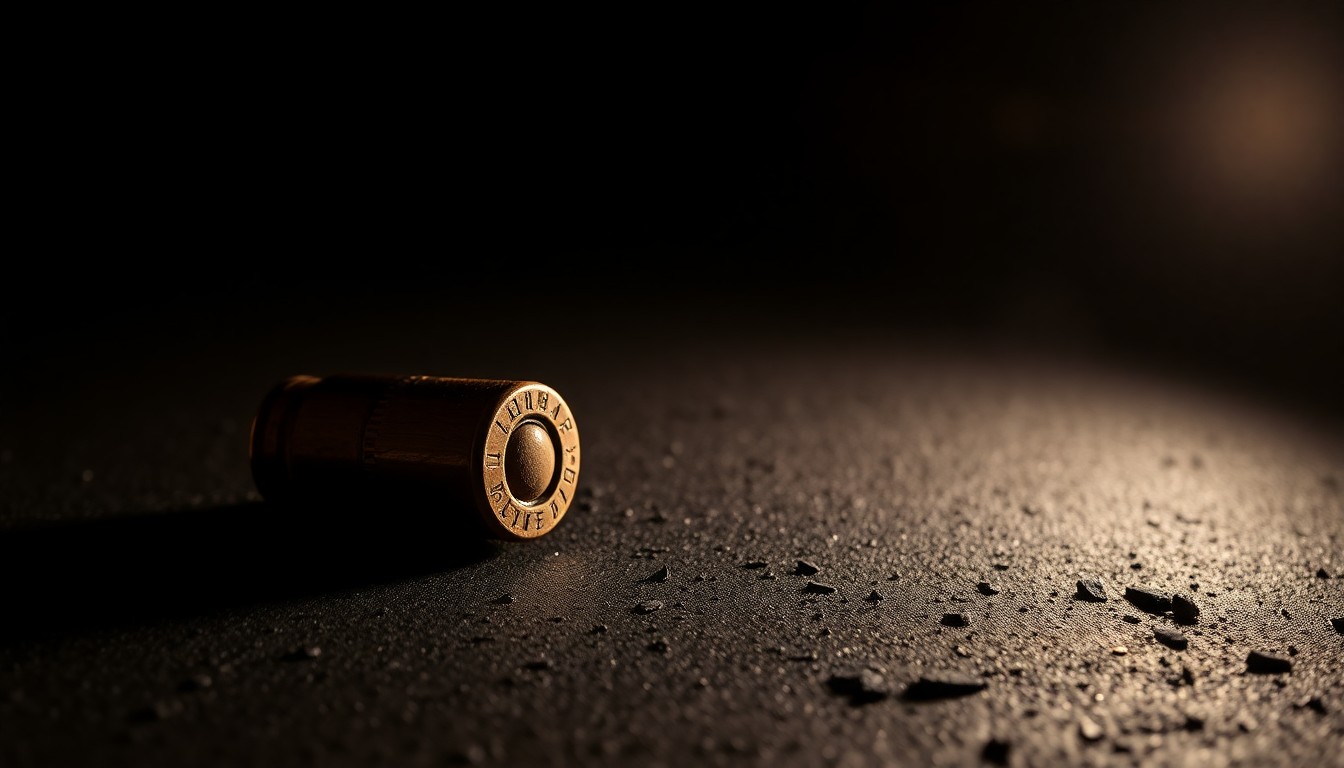 An extreme close-up of a spent bullet casing on a dark, textured surface, lit by a harsh, direct camera flash, conceptually illustrating the aftermath of a violent crime.
