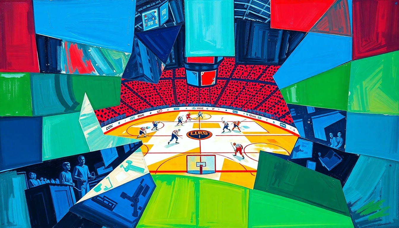 A cubist, geometric painting depicting a Florida Panthers hockey game, with the players and action broken down into sharp, overlapping planes of vibrant blue, green, and red colors, capturing the chaotic energy of the sport.