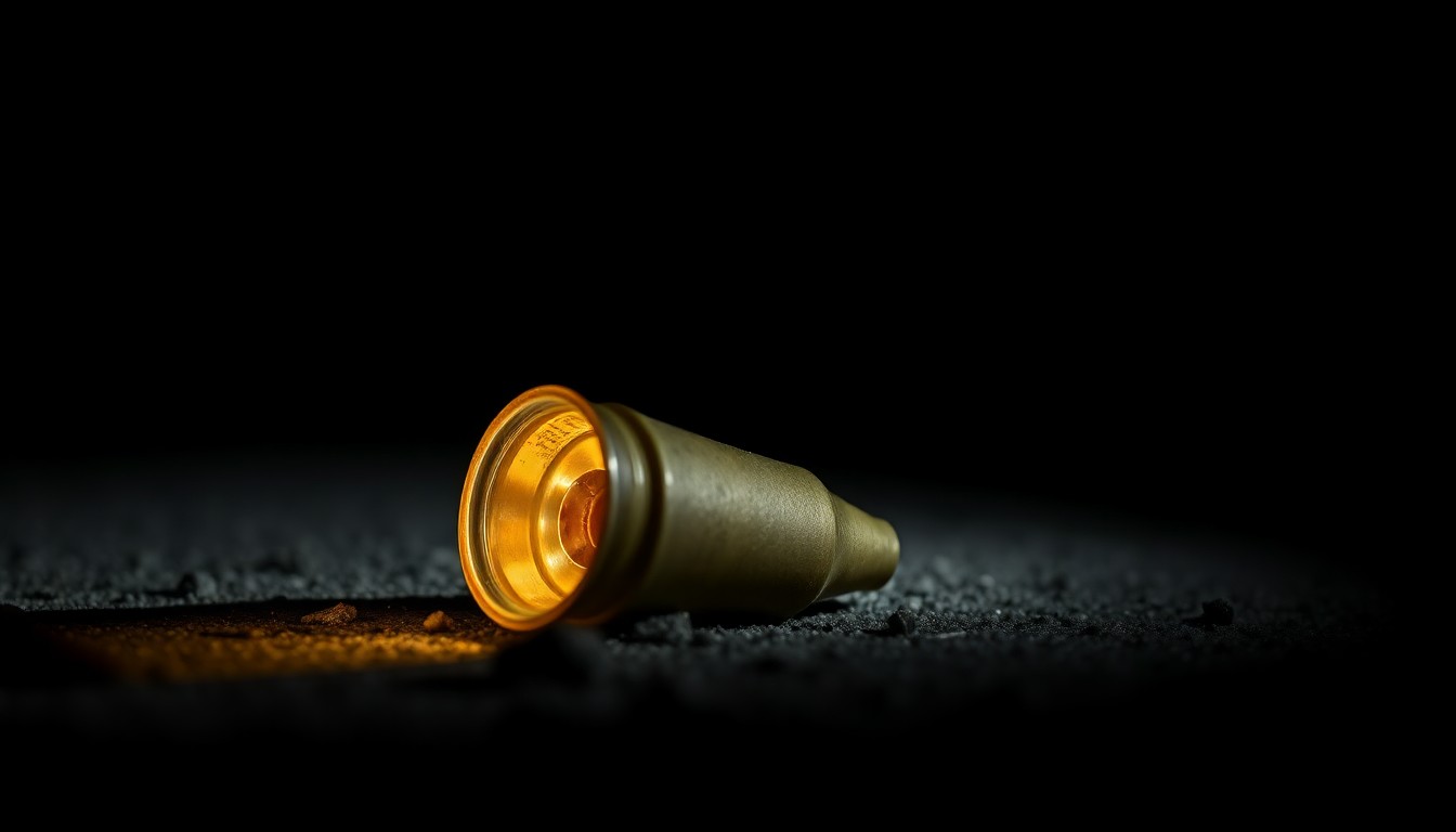 An extreme close-up photograph of a spent shell casing on the ground, lit by a harsh, direct camera flash against a pitch-black background, conveying a stark, gritty, and investigative mood without words.