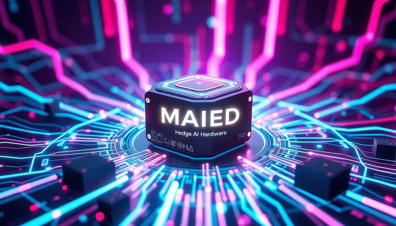 A highly detailed, glowing 3D illustration of a futuristic edge computing device surrounded by swirling neon-lit data streams, conceptually representing the core processing power behind Maum AI's autonomous robotics technology.
