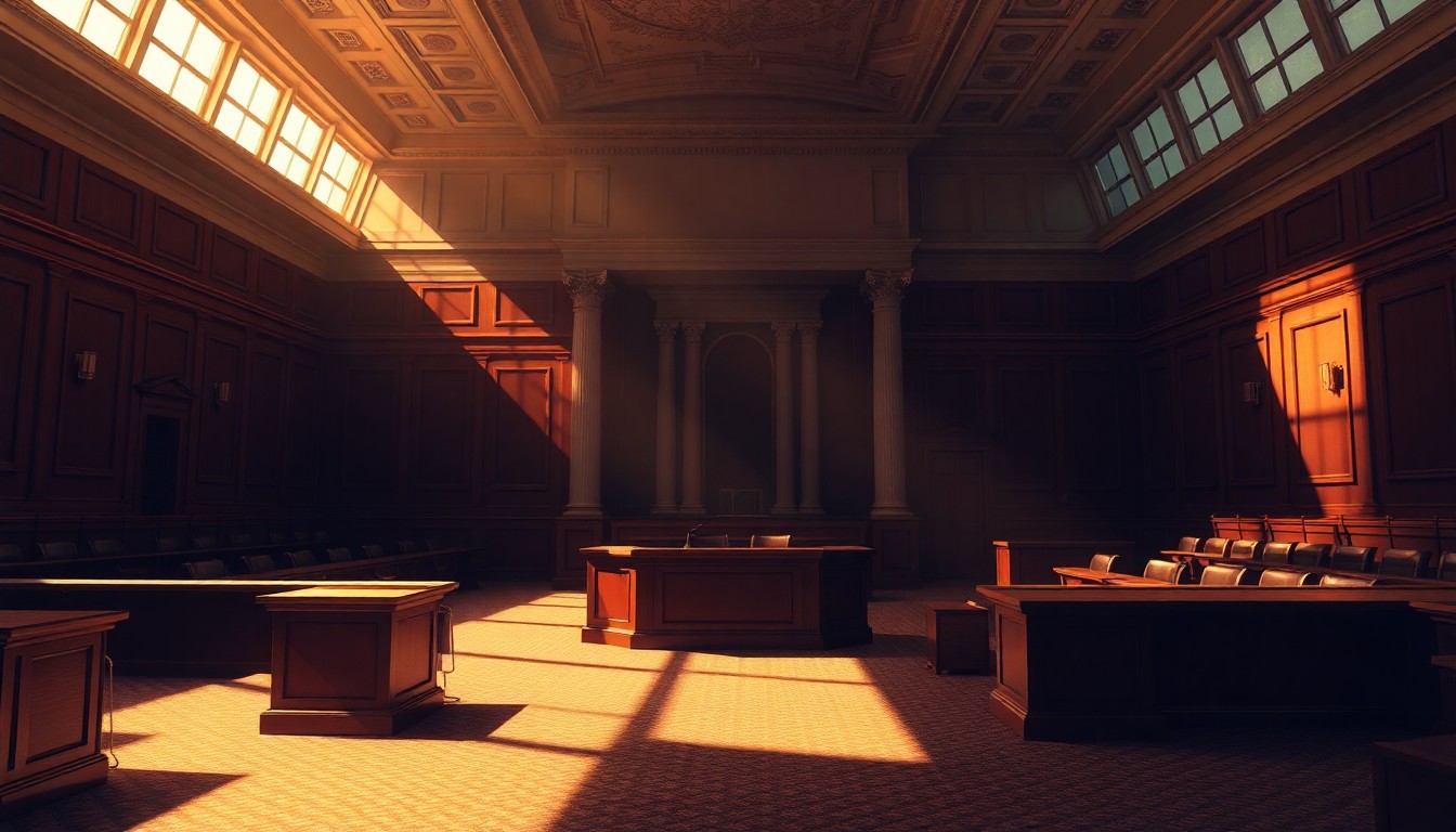 A dimly lit, cinematic painting of an empty government office or legislative chamber, with a single desk or podium illuminated by warm, diagonal sunlight, conceptually representing the challenges facing politicians embroiled in legal and ethical issues.