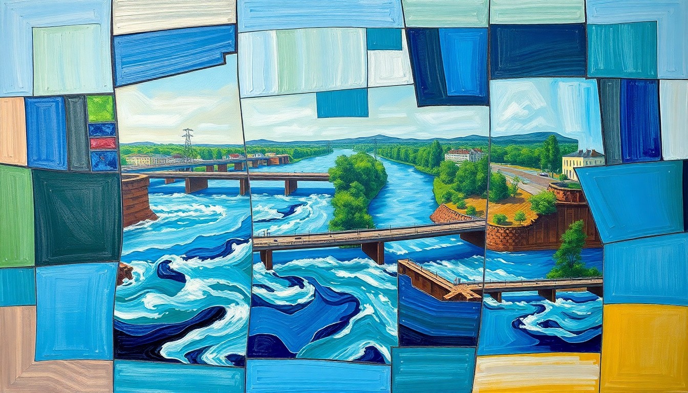 A cubist-style painting depicting a flooded river scene, with the water, banks, and damaged structures broken down into sharp, overlapping geometric shapes in shades of blue, green, and brown, conveying the chaotic and disruptive nature of the flooding.