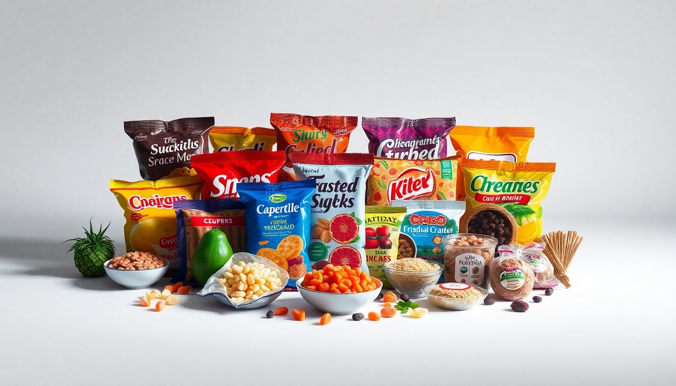 A high-end, photorealistic studio still-life photograph featuring a carefully arranged display of colorful international snacks and candies set against a clean, monochromatic background with dramatic lighting and deep shadows, conceptually representing the power of social media and live-streaming to connect local businesses with national audiences.