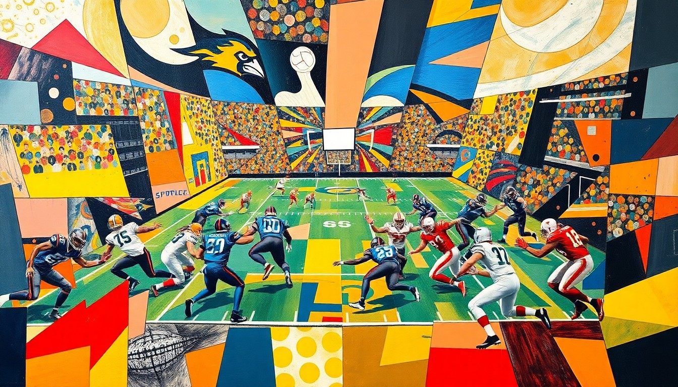A fragmented, geometric painting depicting a football game broken down into sharp, overlapping planes of color and abstract shapes, conveying the explosive energy and strategic planning of the NFL Draft.