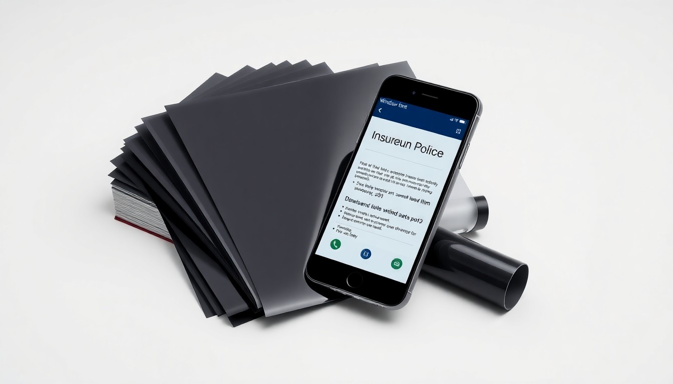 A minimalist studio still life featuring window tint samples, a roll of window film, and a smartphone displaying an insurance policy, all arranged elegantly on a clean white background with dramatic lighting and shadows.