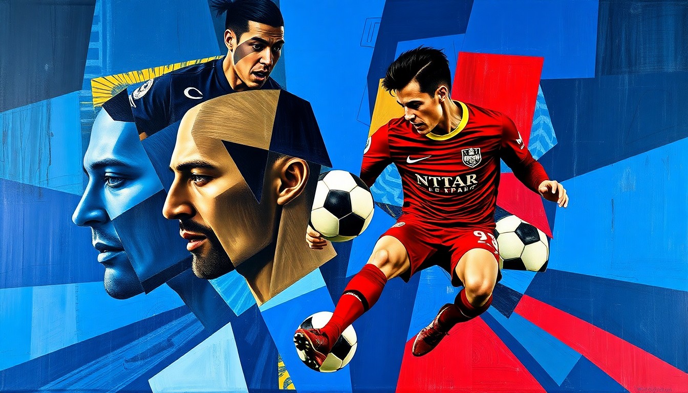 A fractured, multi-perspective painting in vibrant colors depicting an abstract soccer match between NYCFC and the New York Red Bulls, with the players' forms broken down into sharp, overlapping geometric shapes.