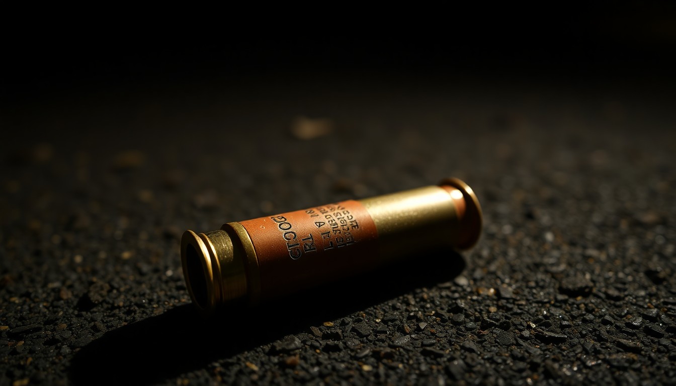 An extreme close-up photograph of a spent shell casing on a dark pavement, conceptually illustrating the aftermath of a shooting incident.
