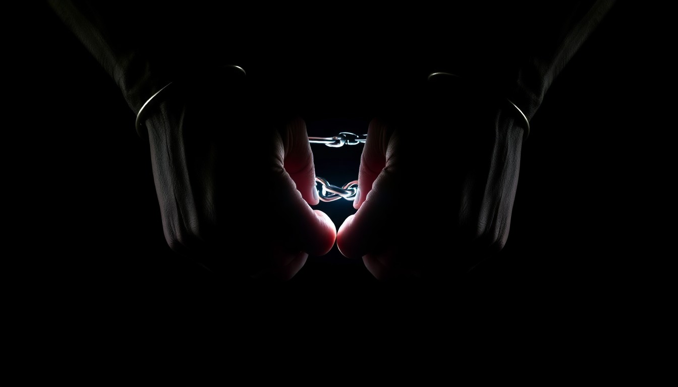 An extreme close-up photograph of a pair of handcuffed hands against a pitch-black background, conceptually illustrating the apprehension of a wanted criminal.