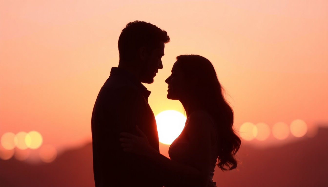 An abstract, impressionistic photograph showing the blurred silhouettes of a couple embracing, with the background dissolved into soft, warm pools of light and color, conveying an intimate, romantic mood.