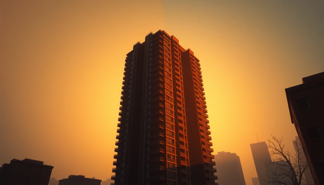 A serene, photorealistic painting of a solitary luxury high-rise apartment building bathed in warm, diagonal sunlight and deep shadows, conveying a sense of quiet contemplation and the disconnect between the wealthy and the working class.