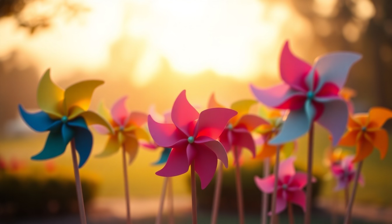 An abstract, out-of-focus photograph of several colorful pinwheels spinning in a park, with the background blurred into soft, warm pools of light, conceptually representing the joyful energy and community spirit of the Pinwheel Walk event.