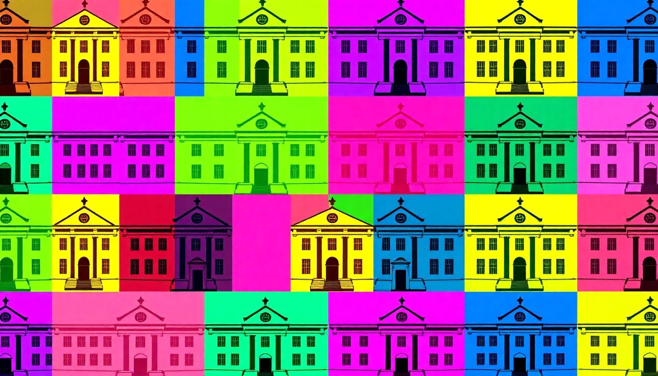 A visually striking, abstract illustration composed of a repeated city hall icon in a grid, rendered in bold, neon-like colors and heavy black outlines to capture the civic assessment's conceptual themes.