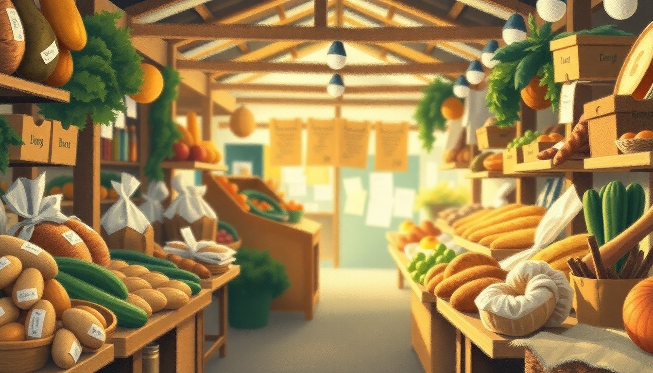 An abstract, out-of-focus scene of fresh produce, baked goods, and other natural items displayed in a warm, inviting market setting, conveying a sense of rural charm and community.